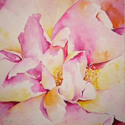 Aquarellbild einer Rose in expressiven Lila- und Gelbtönen